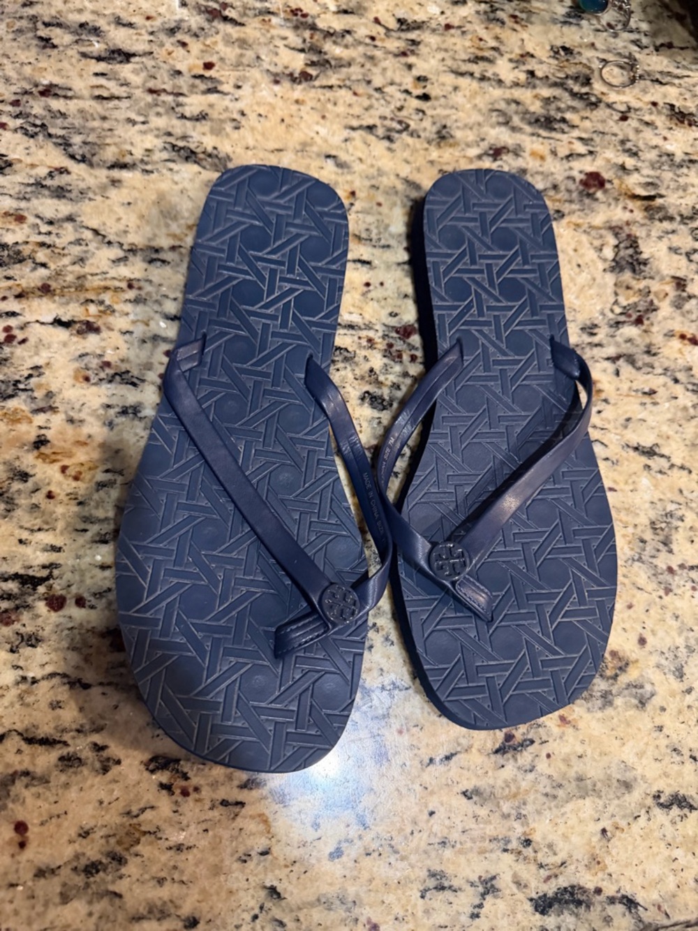 Tory Burch Navy Blue Thong Sandals with Logo Medallions Size 7
